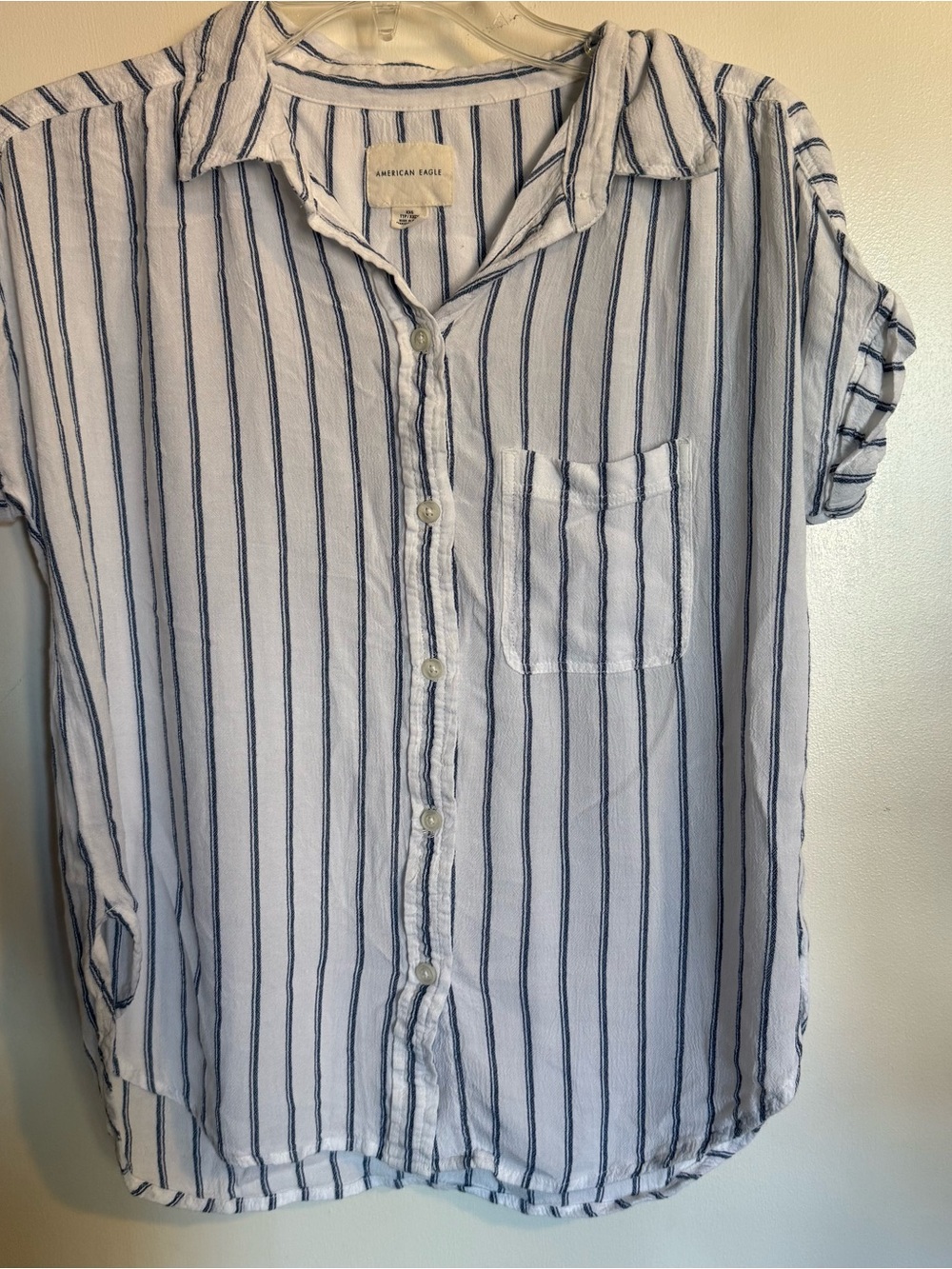 American Eagle Outfitters White Shirt with Navy Vertical Stripes